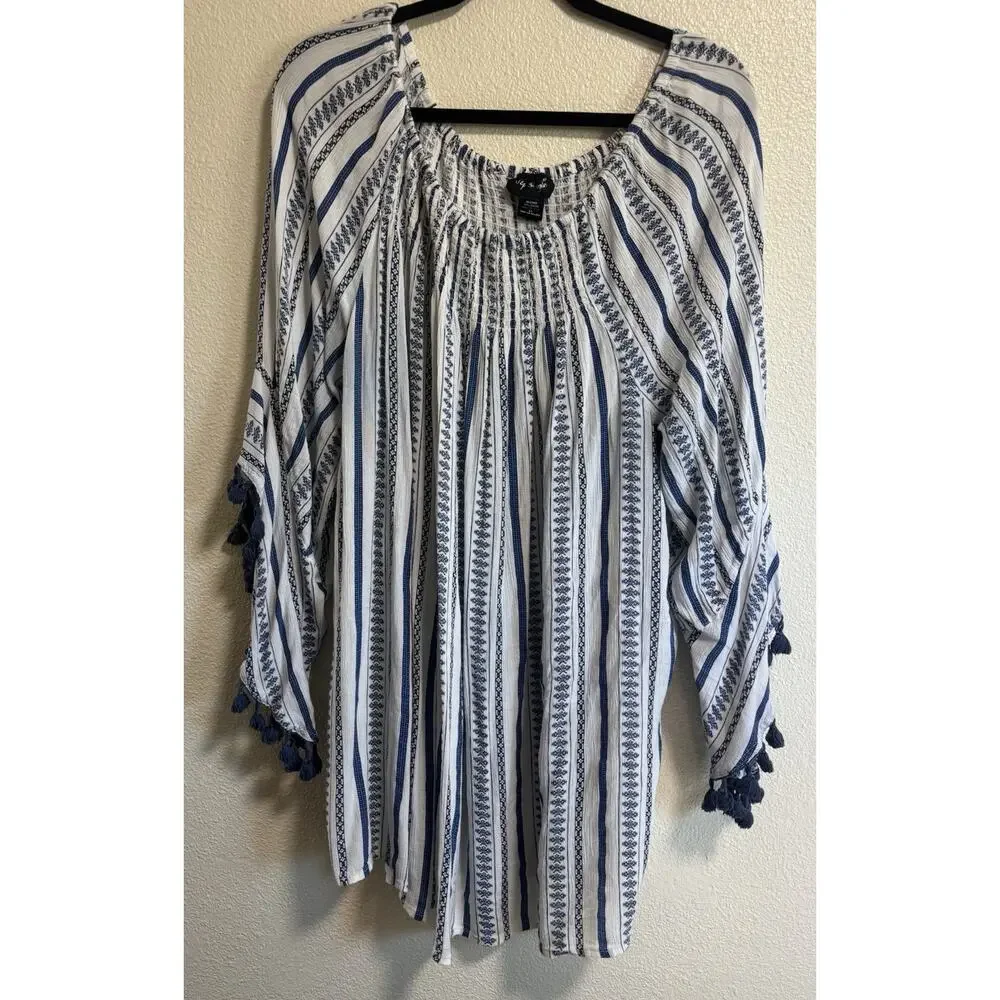 Striped Over the Shoulder Blouse Top Cover Up Coastal Boho Beach Plus Size 3X - Picture 1 of 8